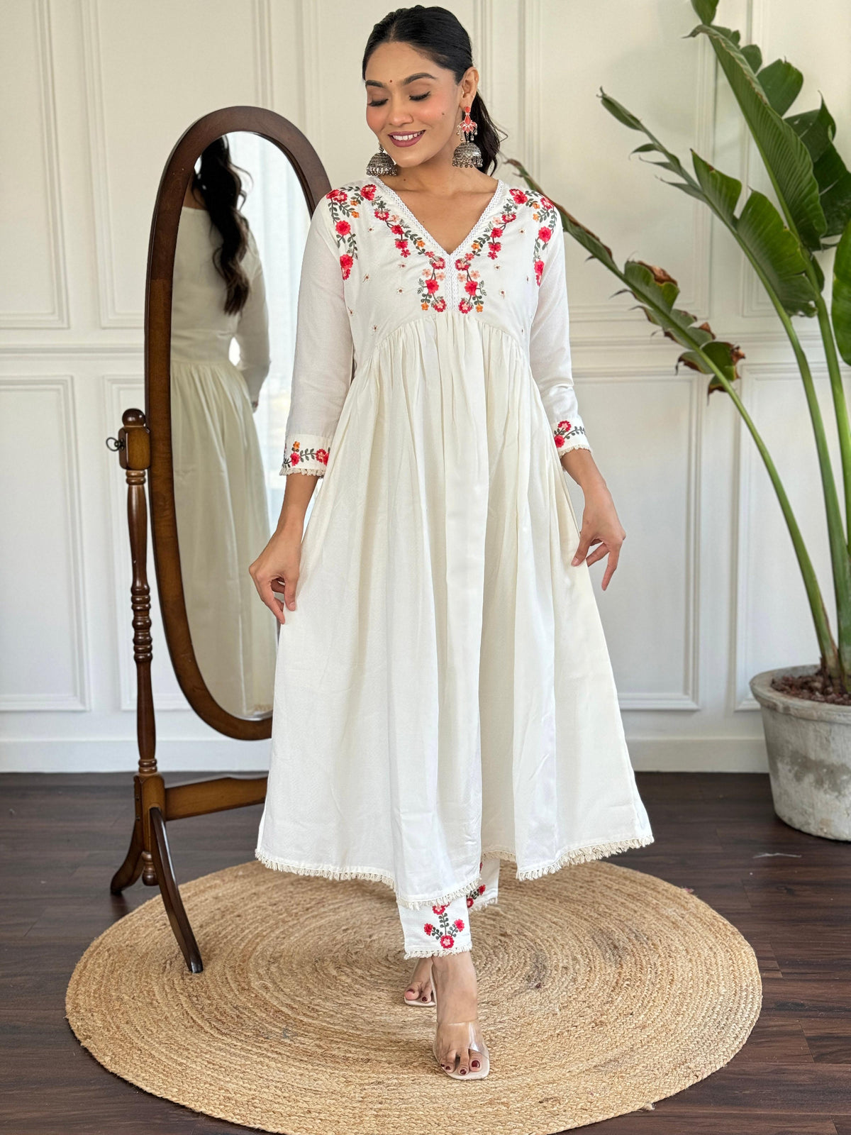 The52 Women's Off White Viscose Rayon Embroidered Flared Kurta, Pant and Dupatta Set | Grocsy