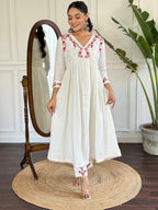 The52 Women's Off White Viscose Rayon Embroidered Flared Kurta, Pant and Dupatta Set | Grocsy