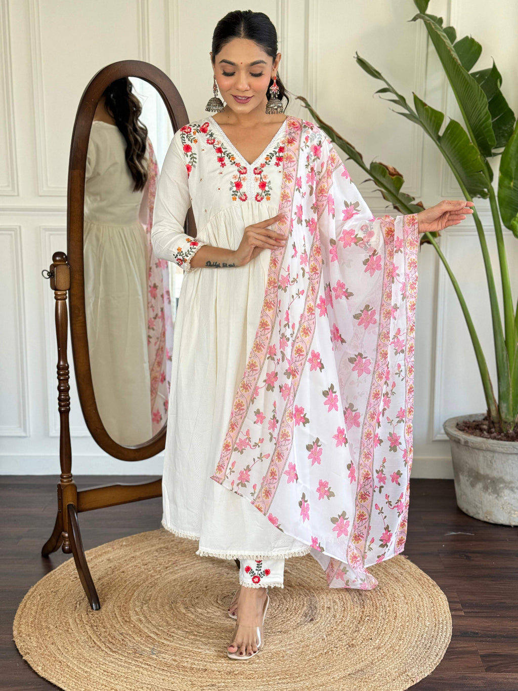 The52 Women's Off White Viscose Rayon Embroidered Flared Kurta, Pant and Dupatta Set | Grocsy