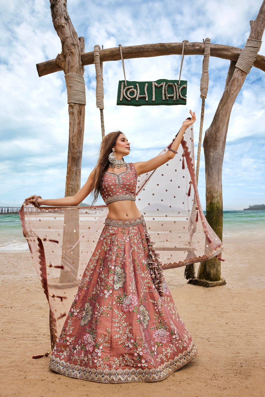 House of Panchhi Rose Gold Net Sequins, Moti, Mirror And Thread Embroidery Lehenga Choli & Dupatta | Grocsy