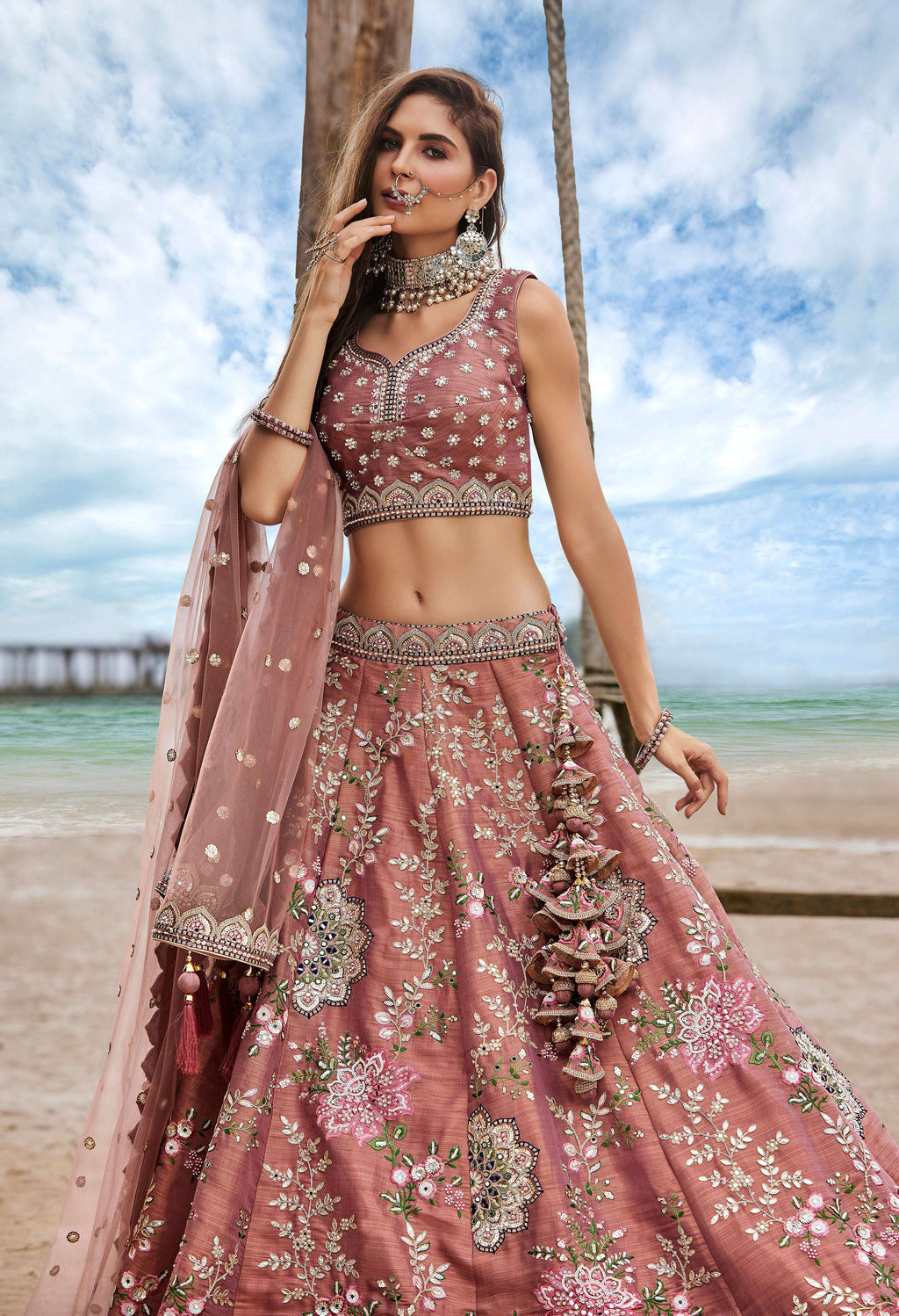 House of Panchhi Rose Gold Net Sequins, Moti, Mirror And Thread Embroidery Lehenga Choli & Dupatta | Grocsy