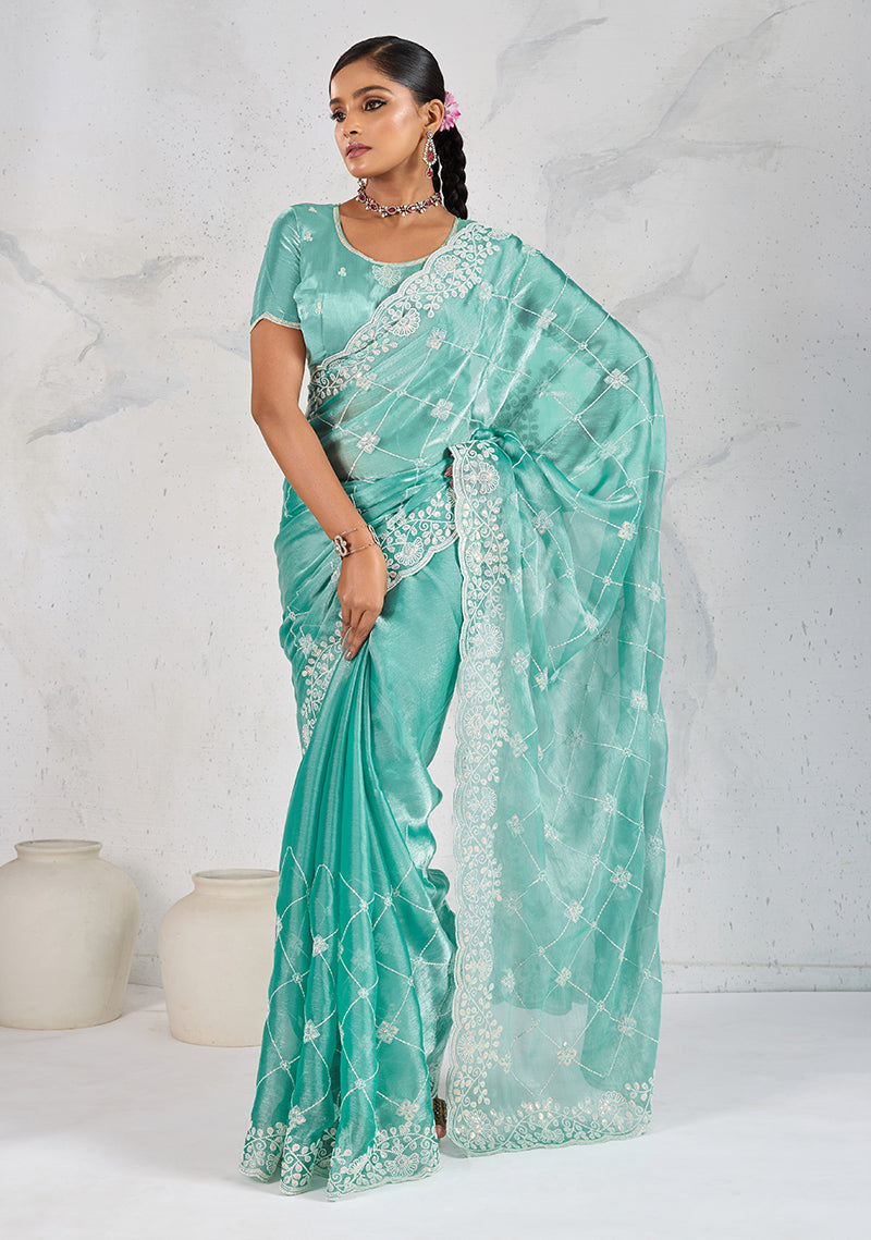 Monjolika Fashion Turquoise Thread Work Soft Burberry Ceremonial Trendy Saree | Grocsy