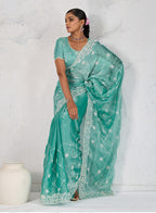 Monjolika Fashion Turquoise Thread Work Soft Burberry Ceremonial Trendy Saree | Grocsy