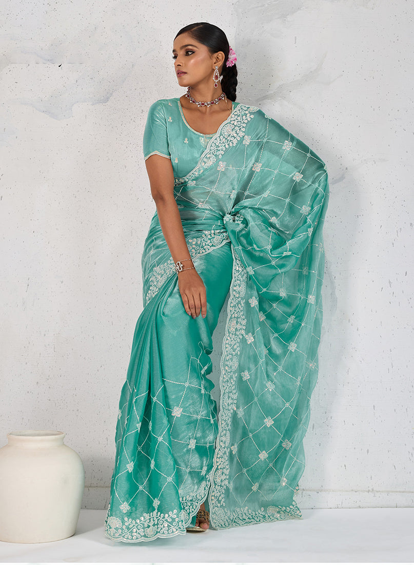 Monjolika Fashion Turquoise Thread Work Soft Burberry Ceremonial Trendy Saree | Grocsy