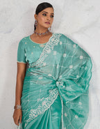 Monjolika Fashion Turquoise Thread Work Soft Burberry Ceremonial Trendy Saree | Grocsy