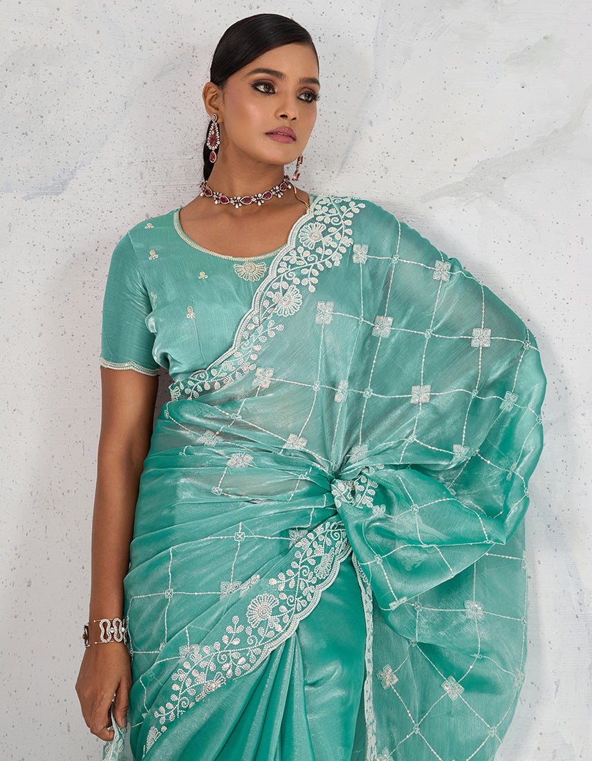 Monjolika Fashion Turquoise Thread Work Soft Burberry Ceremonial Trendy Saree | Grocsy