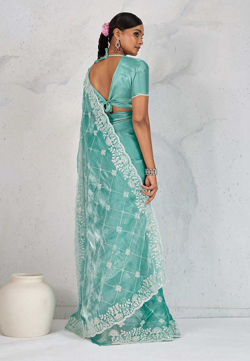 Monjolika Fashion Turquoise Thread Work Soft Burberry Ceremonial Trendy Saree | Grocsy