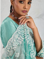 Monjolika Fashion Turquoise Thread Work Soft Burberry Ceremonial Trendy Saree | Grocsy