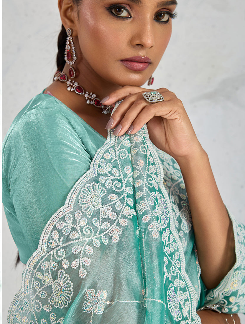 Monjolika Fashion Turquoise Thread Work Soft Burberry Ceremonial Trendy Saree | Grocsy