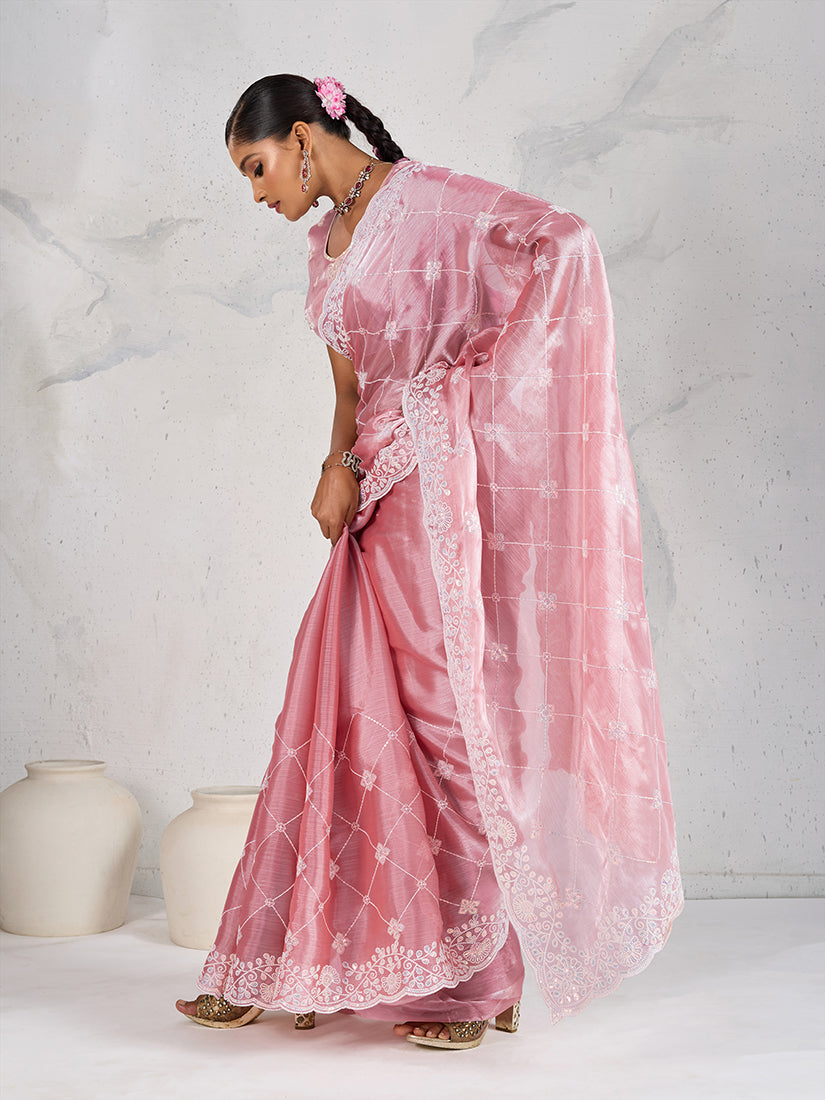 Monjolika Fashion Light Pink Thread Work Soft Burberry Ceremonial Trendy Saree | Grocsy