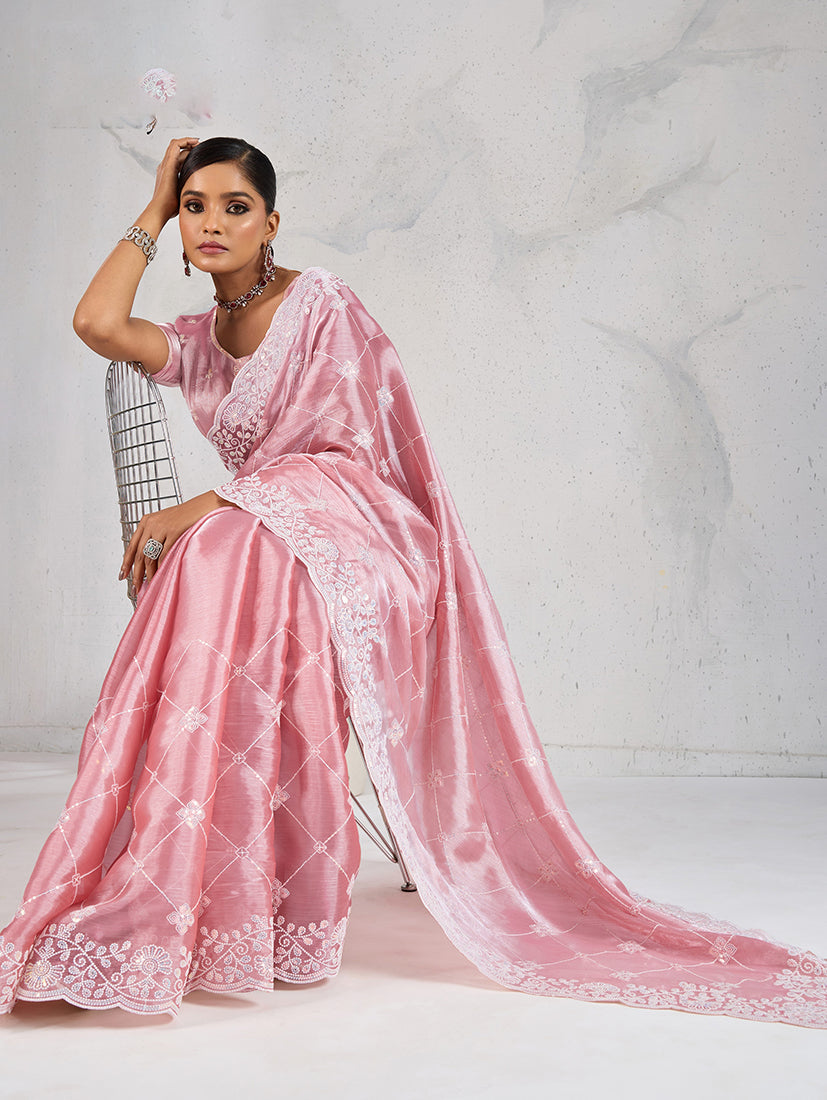 Monjolika Fashion Light Pink Thread Work Soft Burberry Ceremonial Trendy Saree | Grocsy