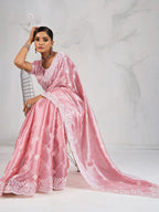 Monjolika Fashion Light Pink Thread Work Soft Burberry Ceremonial Trendy Saree | Grocsy