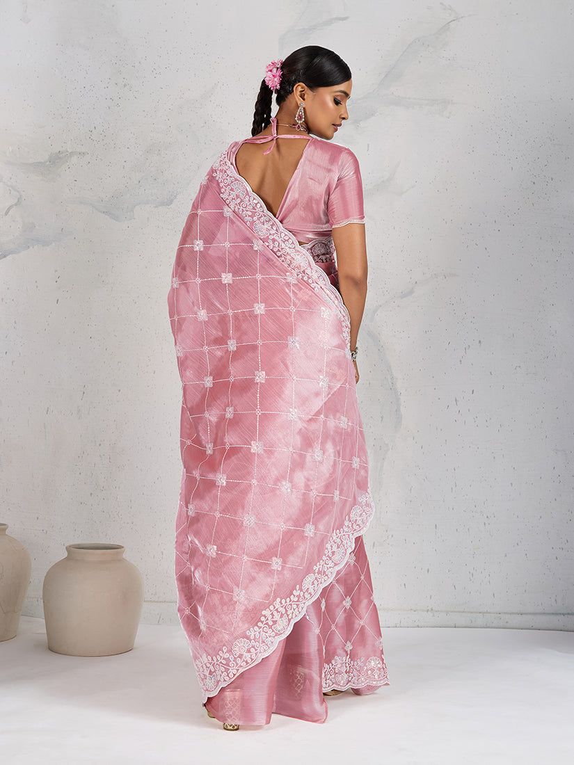 Monjolika Fashion Light Pink Thread Work Soft Burberry Ceremonial Trendy Saree | Grocsy