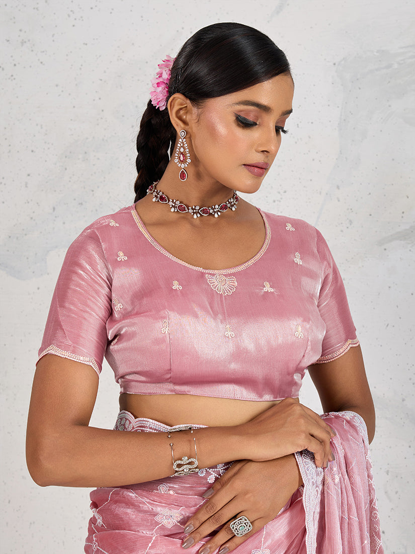 Monjolika Fashion Light Pink Thread Work Soft Burberry Ceremonial Trendy Saree | Grocsy