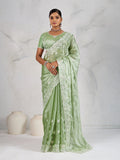 Monjolika Fashion Light Green Thread Work Soft Burberry Ceremonial Trendy Saree | Grocsy