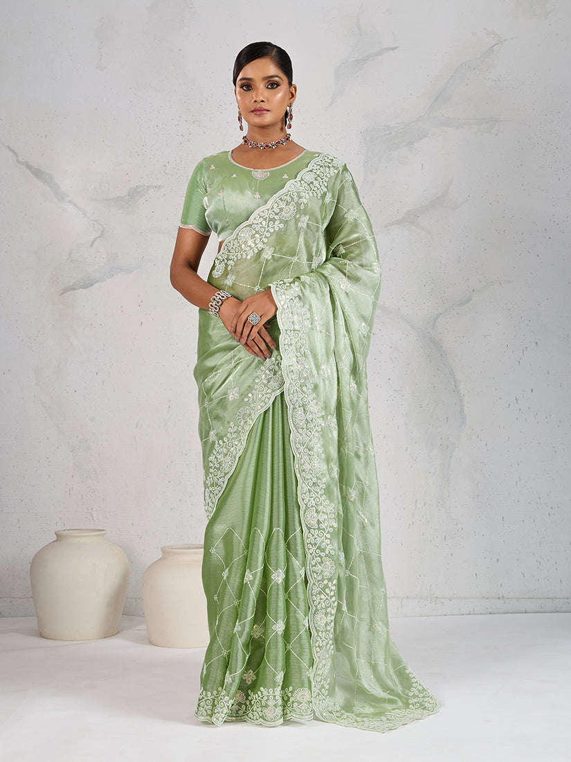 Monjolika Fashion Light Green Thread Work Soft Burberry Ceremonial Trendy Saree | Grocsy