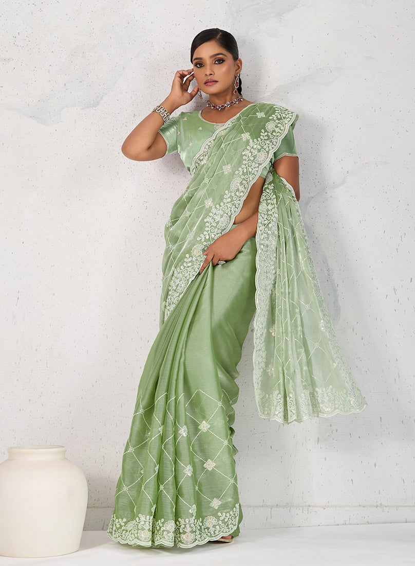 Monjolika Fashion Light Green Thread Work Soft Burberry Ceremonial Trendy Saree | Grocsy