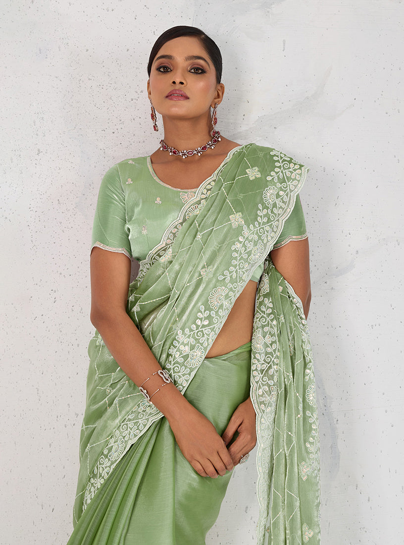 Monjolika Fashion Light Green Thread Work Soft Burberry Ceremonial Trendy Saree | Grocsy