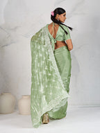 Monjolika Fashion Light Green Thread Work Soft Burberry Ceremonial Trendy Saree | Grocsy