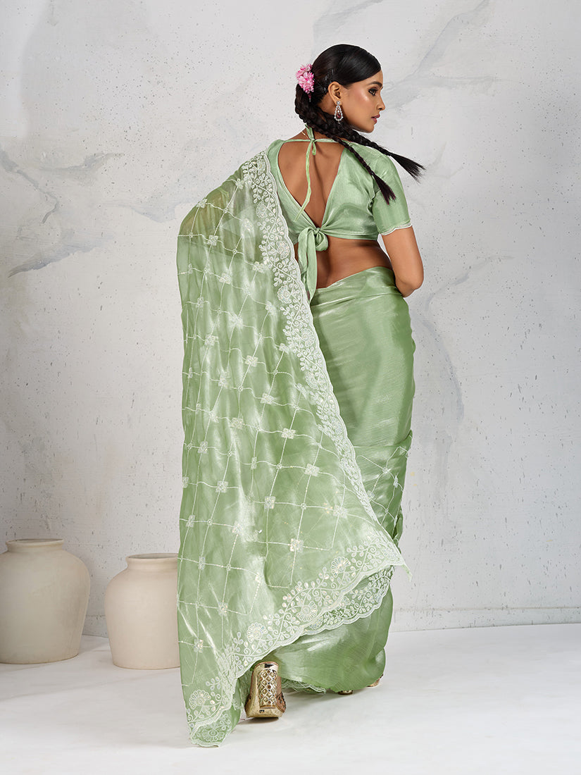 Monjolika Fashion Light Green Thread Work Soft Burberry Ceremonial Trendy Saree | Grocsy