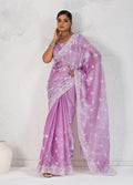Monjolika Fashion Lavender Thread Work Soft Burberry Ceremonial Trendy Saree | Grocsy