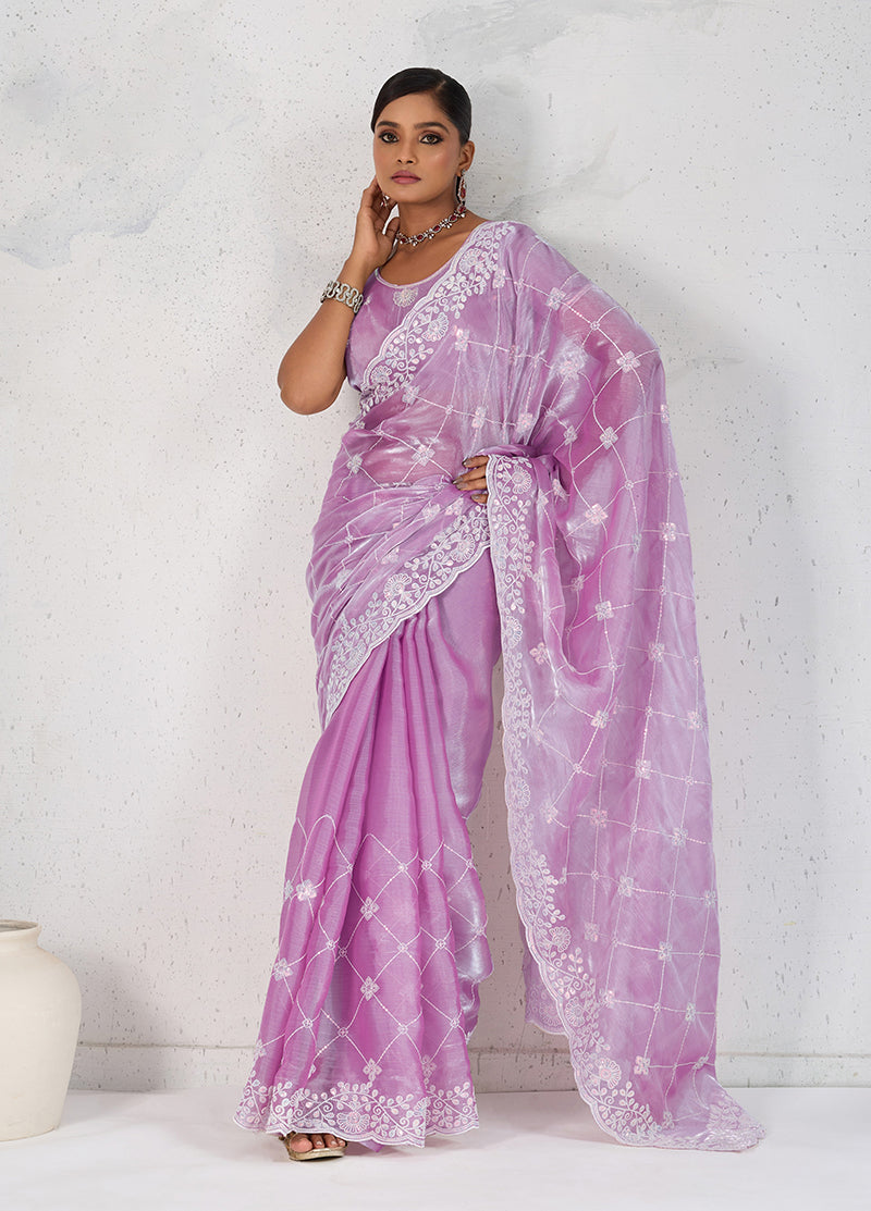 Monjolika Fashion Lavender Thread Work Soft Burberry Ceremonial Trendy Saree | Grocsy