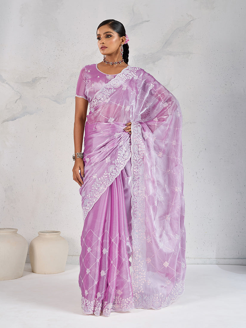 Monjolika Fashion Lavender Thread Work Soft Burberry Ceremonial Trendy Saree | Grocsy