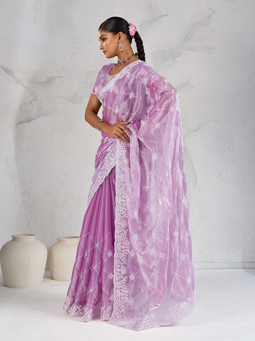 Monjolika Fashion Lavender Thread Work Soft Burberry Ceremonial Trendy Saree | Grocsy