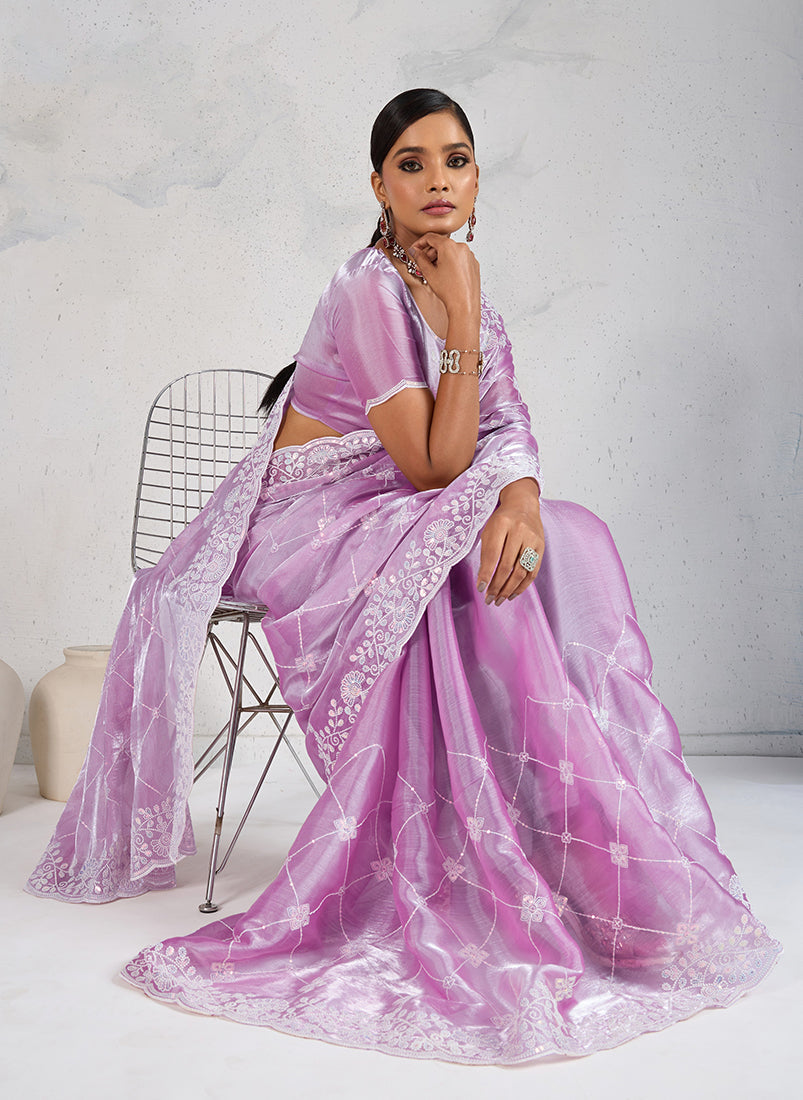 Monjolika Fashion Lavender Thread Work Soft Burberry Ceremonial Trendy Saree | Grocsy