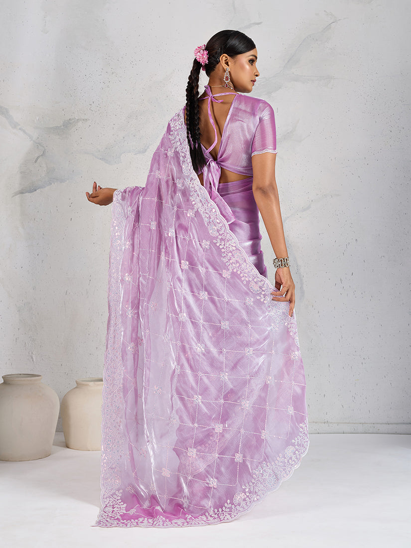Monjolika Fashion Lavender Thread Work Soft Burberry Ceremonial Trendy Saree | Grocsy