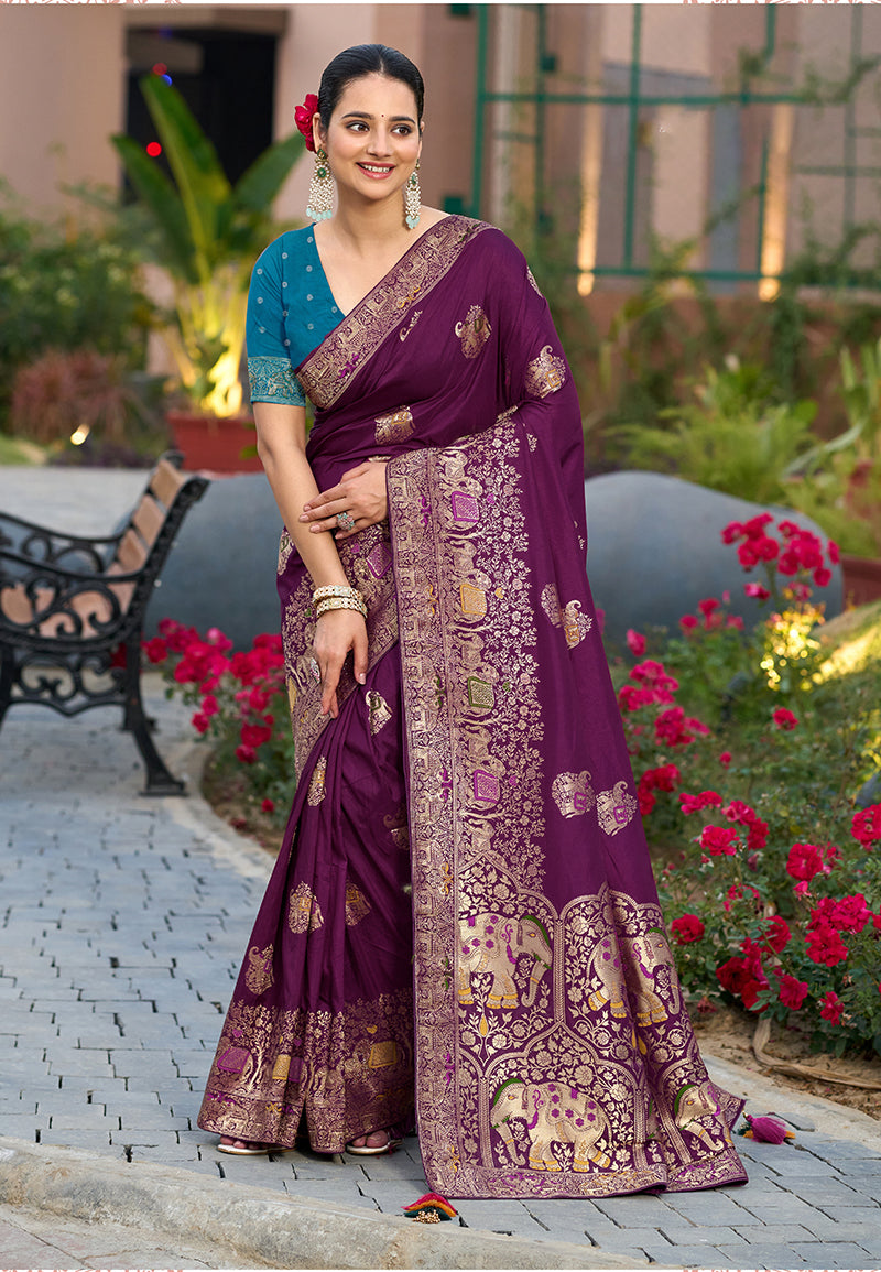 Monjolika Fashion Indian Traditional Wear Purple Color Dola Silk Saree | Grocsy