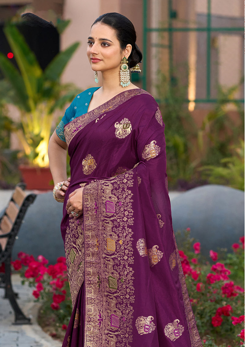 Monjolika Fashion Indian Traditional Wear Purple Color Dola Silk Saree | Grocsy