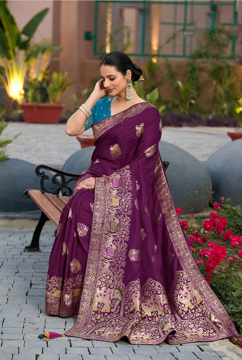 Monjolika Fashion Indian Traditional Wear Purple Color Dola Silk Saree | Grocsy