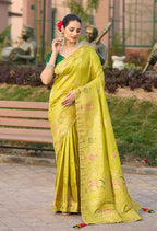 Monjolika Fashion Indian Traditional Wear Parrot Green Color Dola Silk Saree | Grocsy