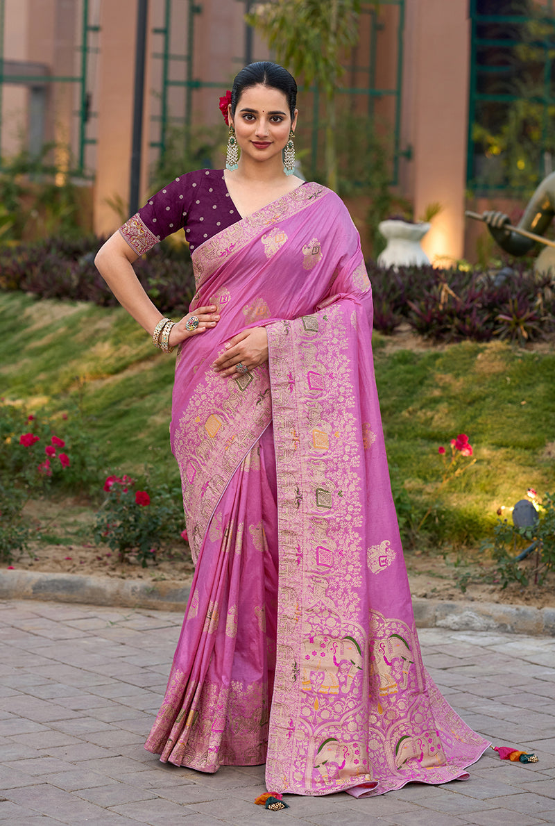 Monjolika Fashion Indian Traditional Wear Rose Pink Color Dola Silk Saree | Grocsy