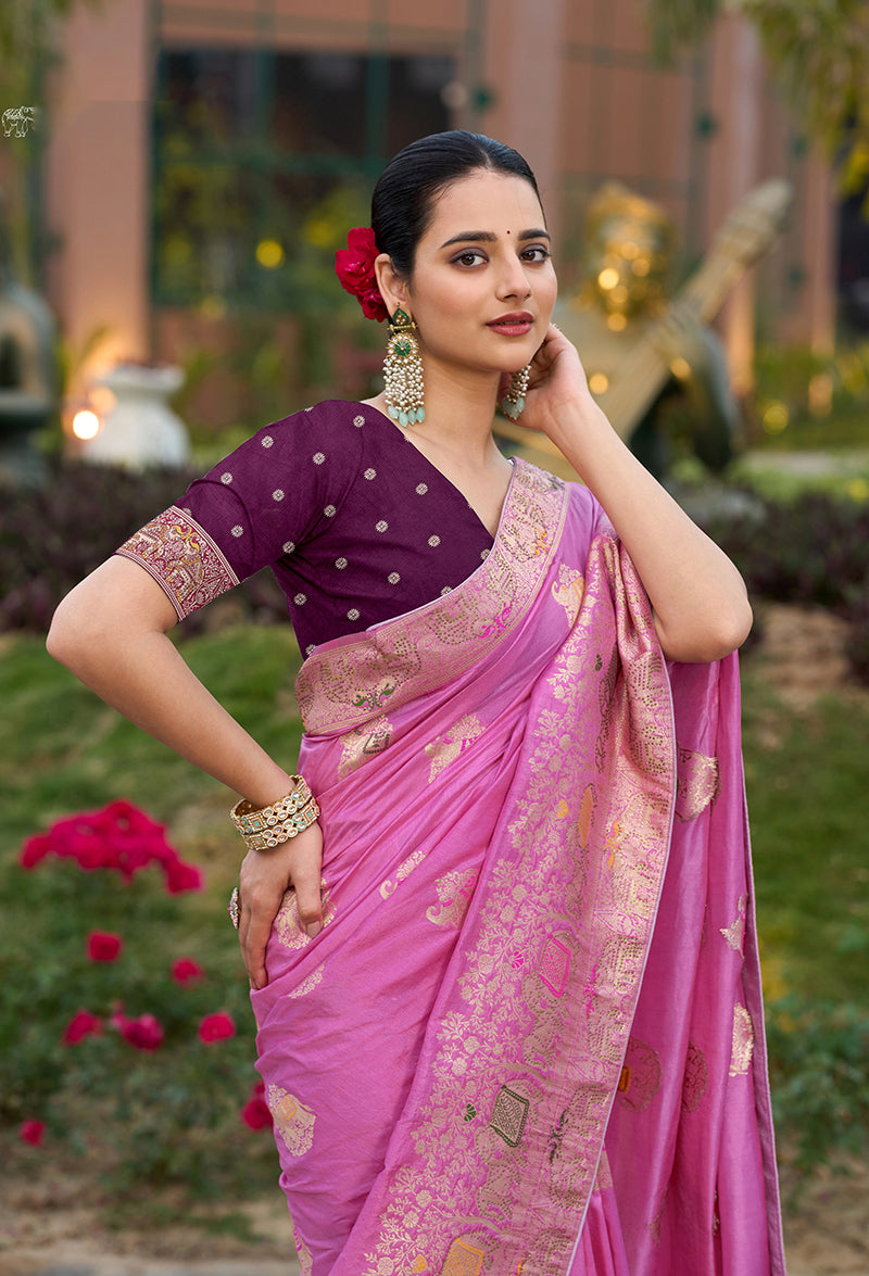Monjolika Fashion Indian Traditional Wear Rose Pink Color Dola Silk Saree | Grocsy
