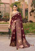 Monjolika Fashion Indian Traditional Wear Maroon Color Dola Silk Saree | Grocsy