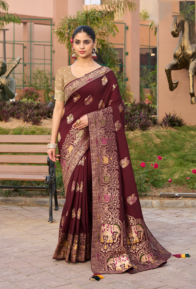 Monjolika Fashion Indian Traditional Wear Maroon Color Dola Silk Saree | Grocsy
