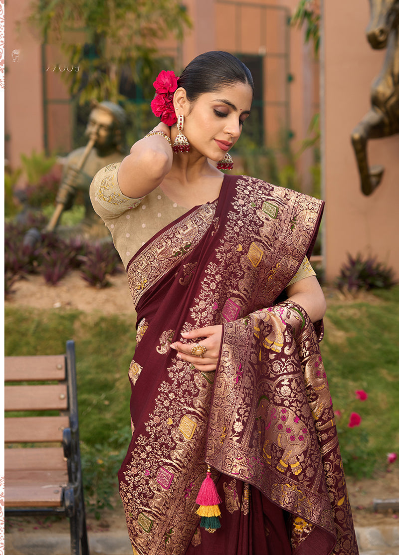 Monjolika Fashion Indian Traditional Wear Maroon Color Dola Silk Saree | Grocsy