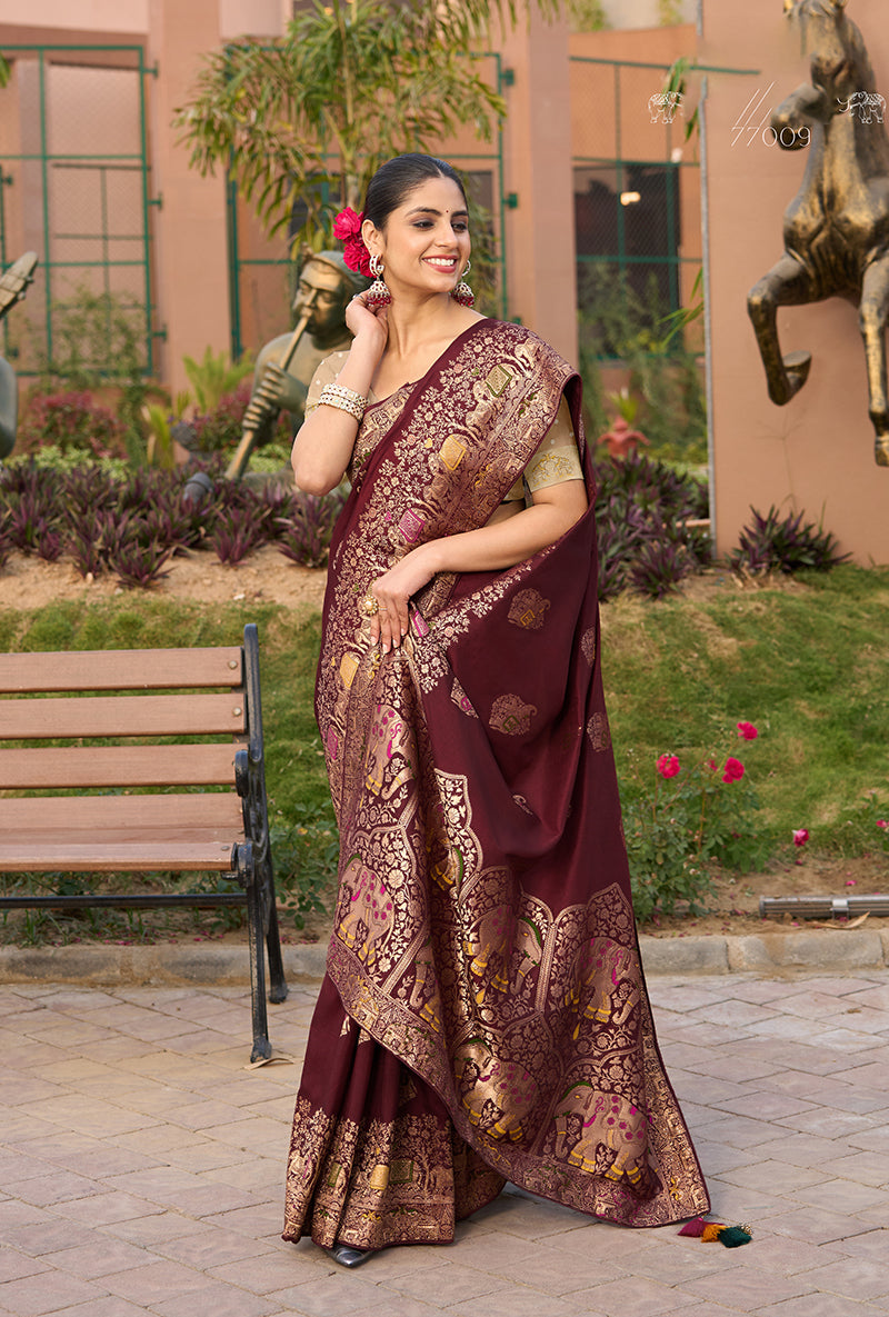 Monjolika Fashion Indian Traditional Wear Maroon Color Dola Silk Saree | Grocsy