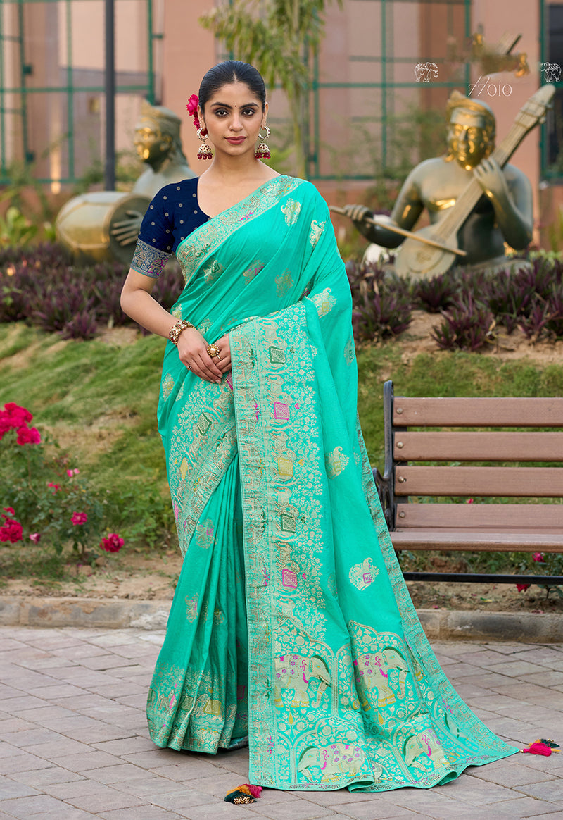 Monjolika Fashion Indian Traditional Wear Turquoise Color Dola Silk Saree | Grocsy