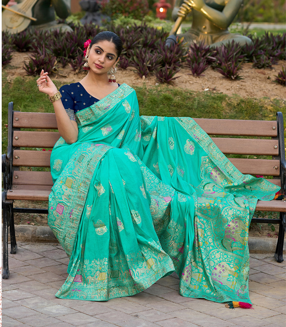 Monjolika Fashion Indian Traditional Wear Turquoise Color Dola Silk Saree | Grocsy