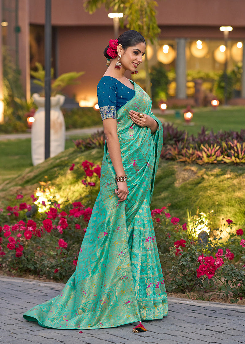 Monjolika Fashion Turquoise Color Dola Silk Gharchola Design Rich Pallu Work Saree | Grocsy