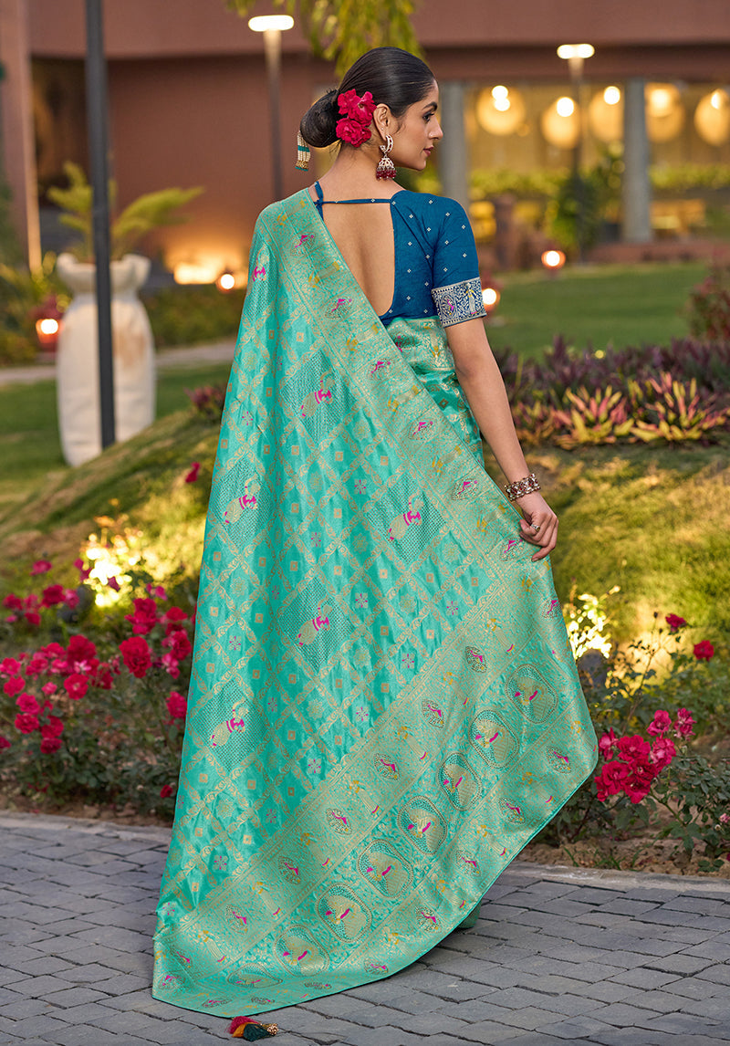 Monjolika Fashion Turquoise Color Dola Silk Gharchola Design Rich Pallu Work Saree | Grocsy