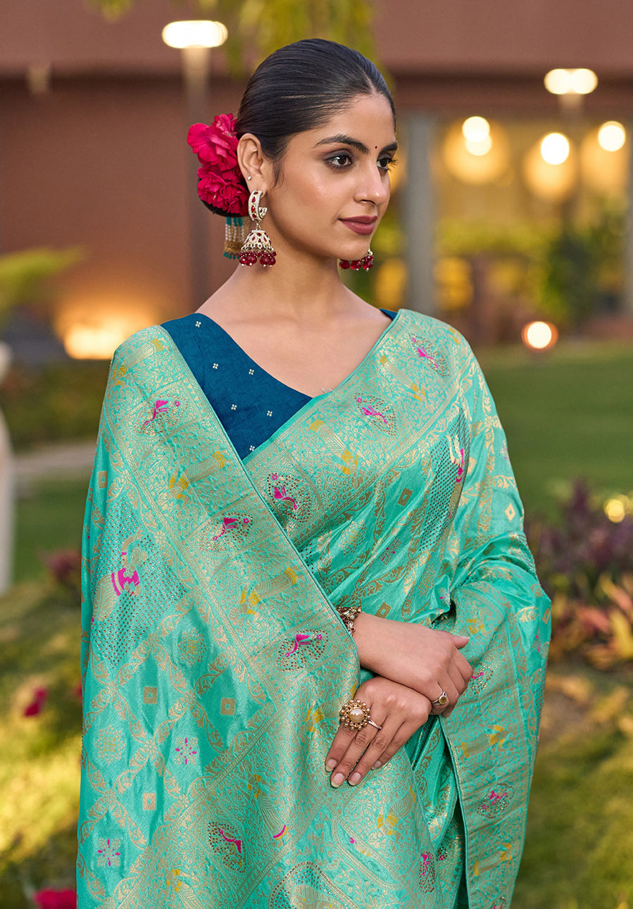 Monjolika Fashion Turquoise Color Dola Silk Gharchola Design Rich Pallu Work Saree | Grocsy