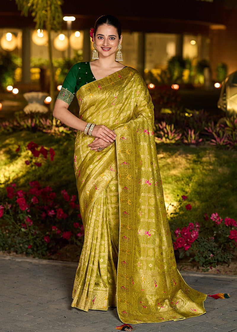 Monjolika Fashion Parrot Green Color Dola Silk Gharchola Design Rich Pallu Work Saree | Grocsy