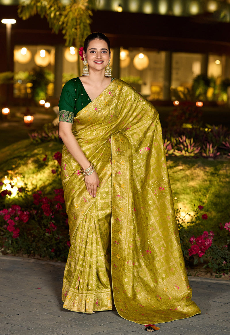 Monjolika Fashion Parrot Green Color Dola Silk Gharchola Design Rich Pallu Work Saree | Grocsy