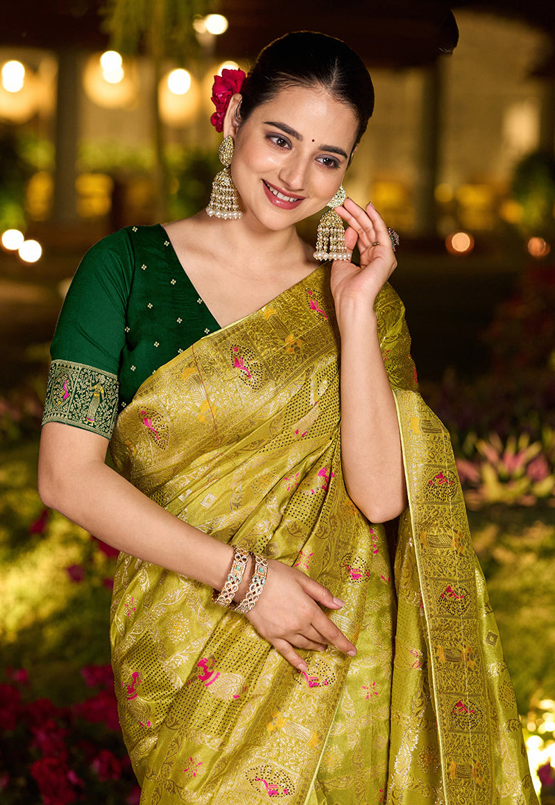 Monjolika Fashion Parrot Green Color Dola Silk Gharchola Design Rich Pallu Work Saree | Grocsy