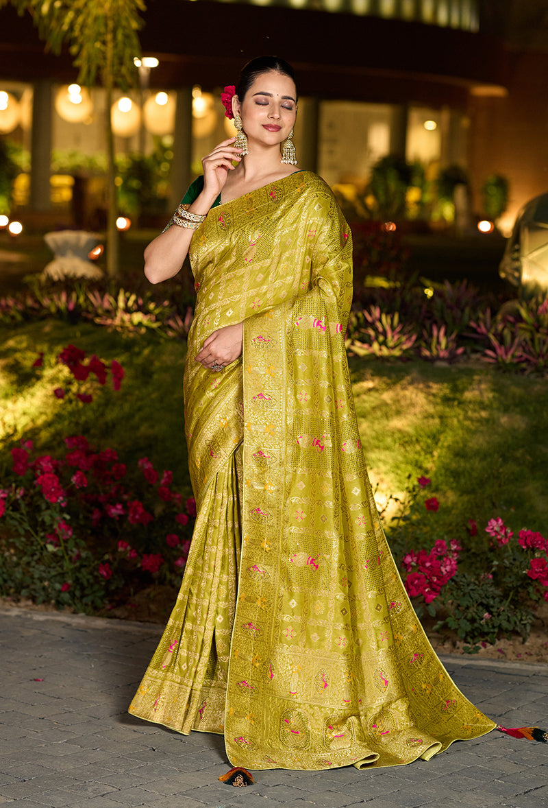 Monjolika Fashion Parrot Green Color Dola Silk Gharchola Design Rich Pallu Work Saree | Grocsy