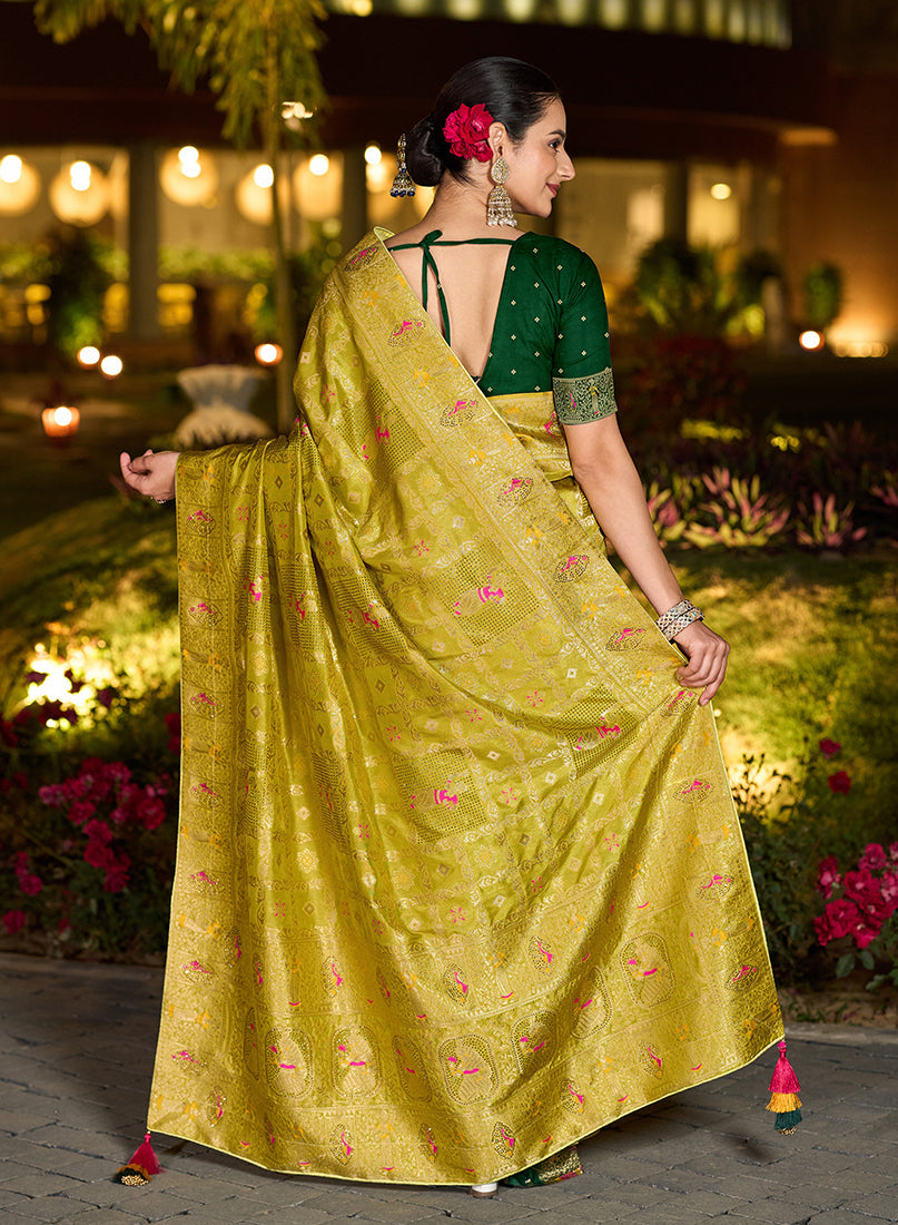 Monjolika Fashion Parrot Green Color Dola Silk Gharchola Design Rich Pallu Work Saree | Grocsy